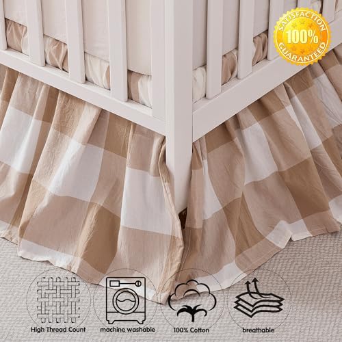 Image of Brandream Gingham Gathered Cotton Crib Skirt for Baby Boy and Girl, Gender Neutral Crib Skirt, 4-Sided, Khaki Buffalo Plaid Check Toddler Bedskirt Farmhouse Chic Nursery Crib Bed Skirt Dust Ruffle