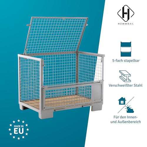 HEMMDAL Euro-Gitterbox mit halb abklappbarer Längswand | 1.500 kg Tragkraft | HxBxT 97 x 124 x 83,5 cm | Grau | 5 x 5 cm Maschenweite | aus Stahl | stapelbar| Gitterbehälter
