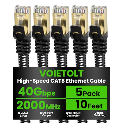 Cat 8 Ethernet Cable Flat 10 FT 5Pack, High Speed 40Gbps 2000Mhz Braided Internet Cable with Gold Plated RJ45 Network LAN Cable SSTP, Ethernet Cord Compatible for PS4/5, for Modems, PC/Laptop