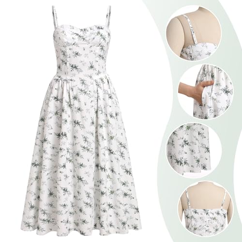 Image of ABEHIK Casual Dresses for Women Boho Spaghetti Strap Corset Midi Dress with Pockets Low Cut Flowy Pleated Bustier Sundress
