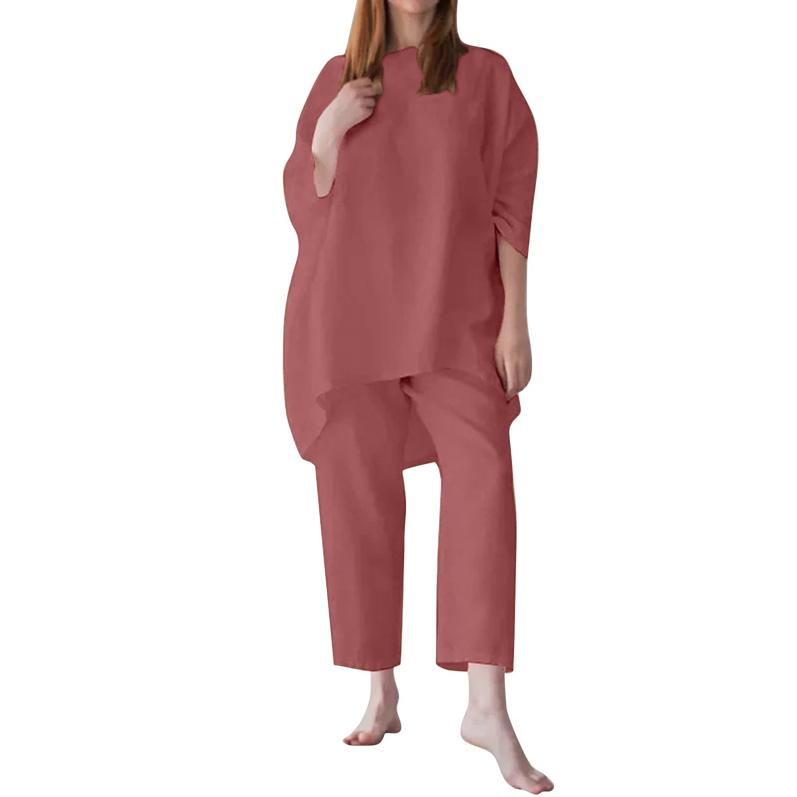 LFKERWMGWomen Two Piece Ladies Casual Loose Set Womens Bat Sleeve Short Sleeve Shirt Blouse Tops Trousers Pants Suits