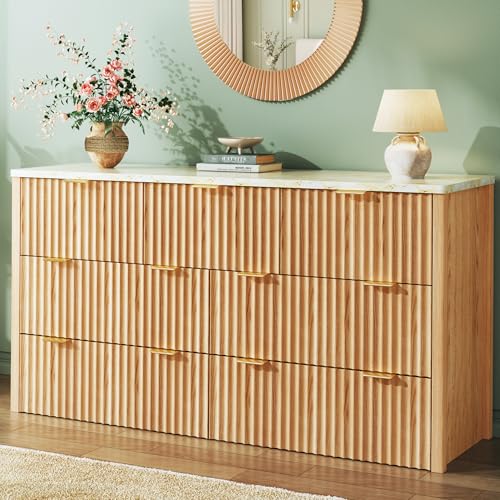 Image of HUAHUU Fluted Dresser for Bedroom with 7 Drawers, 53 inch Wide Mid Century Modern Dressers with Faux Marble Top & Metal Handle, Wooden Chest of Drawers TV Stand, Natural Oak