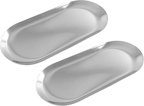 Paquete de 2 bandejas decorativas de acero inoxidable, 7 pulgadas de largo, bandeja de almacenamiento de joyas, organizador de cosméticos para baño,