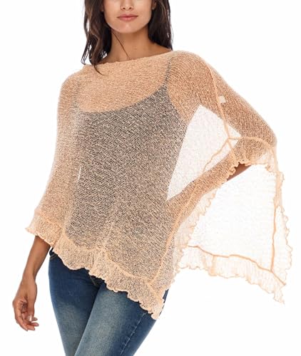 Image of SHU-SHI Women's Sheer Knit Poncho Shrug Lightweight Asymmetrical Ruffle Wrap Dressy Summer Shawl Cover Up Top