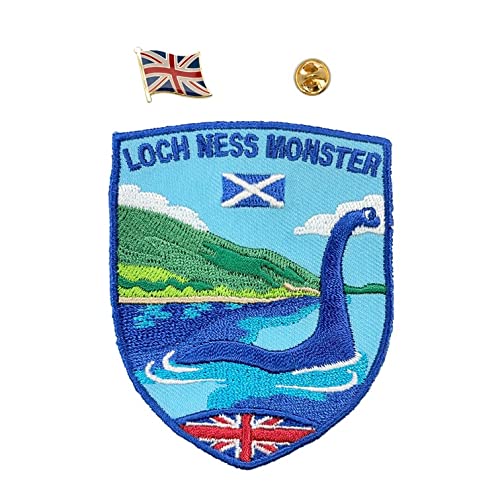 A-ONE2 PCS Pack-Loch Ness Monster Patch+England Flag Lapel Pin, Monster Badge, Luggage Sticker Badge, Travel Souvenir Patch,Sew on Irn on Jeans Shirts Jackets Bags , Patriotic Patch NO.389P