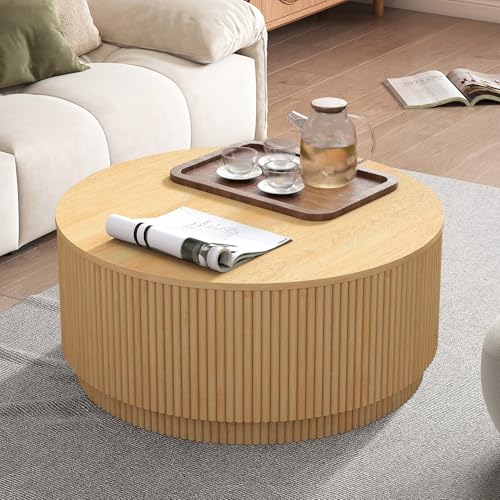 Image of LEVNARY 31.5 inch Round Coffee Table with Storage, Boho Coffee Tables with Fluted Base, Wooden Circle Accent Center Table for Living Room Small Space Apartment Office (Natural)