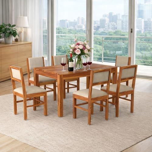 Image of Luxury Solid Sheesham Wood 6 Seater Dining Table Set with Cushioned Chairs | Wooden 6 Seater Dining Table with 6 Chairs | Premium Home Furniture| Hotels Restaurant (Finish Type-Honey)