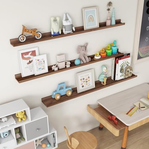 Image of Genuine Decor 72 Inch Walnut Solid Wood Floating Wall Shelf, Extra Long Wall Mounted Shelf