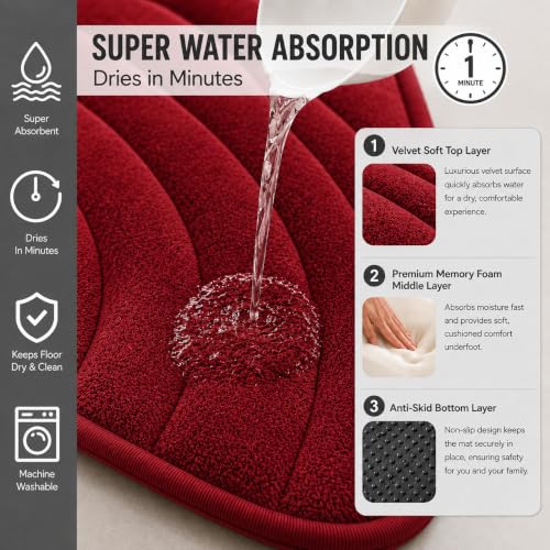 Image of Premium Memory Foam Bath Mat | 40x60cm Super Absorbent Velvet Bathroom Rug | Non-Slip Machine Washable Floor Mat (Cherry Red)
