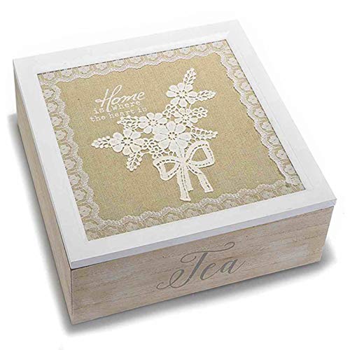 www.lefantasiedicasa.com caja para Bolsas de té A nueve puestos de madera con tapa de encaje. De Los acabados de encaje y texto Tea, mencionar algunos de especias U Otros alimentos de cocina.
