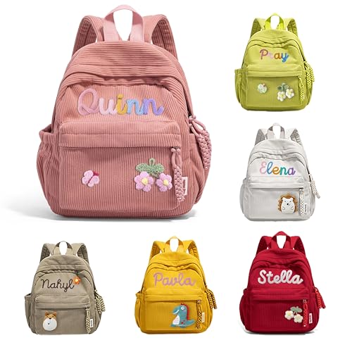 Personalized Corduroy Kids Backpack, Custom Name School Bag with Decorative Stitching, Toddler BackPack, Back to School Gift (Pink)