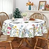 Spring Tablecloth 70x70 Inch Round, Wild Flowers Seasonal Summer Table Cover Scallop Edge Picnic Table Cloth