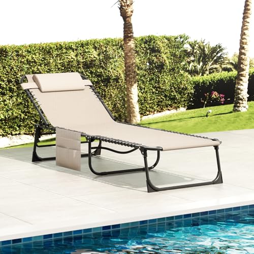 EBE Folding Lounge Chair, Outdoor Adjustable Chaise Lounge Chair, Portable Tanning Chaise with Detachable Pillow and Side Pocket, Reclining Chairs for Pool Beach Patio Sunbathing, Beige