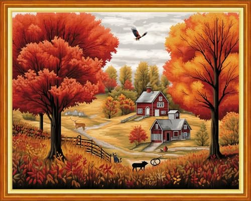 Image of Dimensean Stamped Cross Stitch Kits Full Range of Embroidery Patterns Starter Kits for Beginners Adult DIY Cross Stitches Needlepoint Kits 11CT-Autumn Scenery 16x20 inch