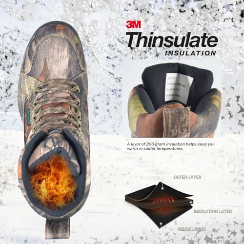 R RUNFUN Men's 8" Waterproof Lightweight Hunting Boots Camo Insulated Hiking Boots, 200g Thinsulate(RF001-8C2,Size7.5)