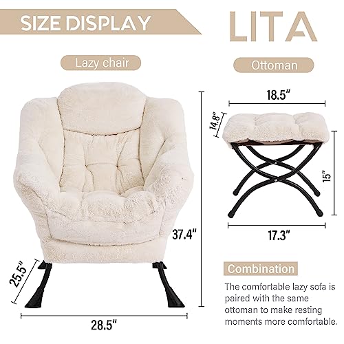 Image of LITA Lazy Chair with Ottoman, Modern Accent Leisure Upholstered Sofa Chair, Lounge Reading Chair with Armrests and a Side Pocket for Living Room, Bedroom & Small Space, Plush Beige