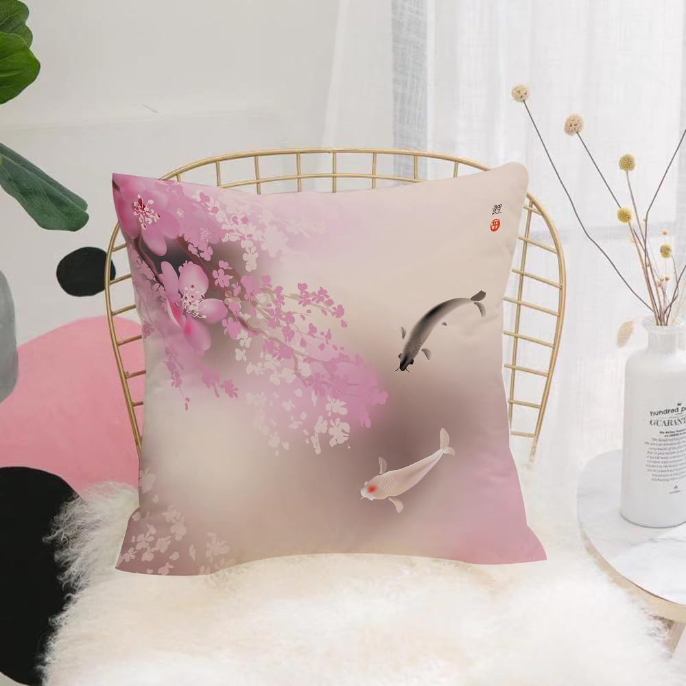 Hyosxw Sacred Koi Carps And Spring Sacura Blooming. - A1 Cushion Cover,Throw Pillow Case Home Decorative For Living Room Bedroom Sofa Chair 18X18 Inch,Sacred Koi Carps And Spring Sacura Blooming. Hieroglyph Means Koi.,Pillowcase 45X45cm