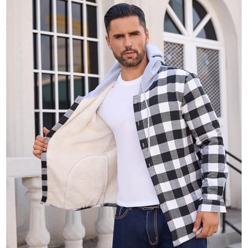Mens Sherpa Fleece Lined Flannel Buffalo Plaid Jackets with Hood Winter Thermal Quilted Insulated Hooded Coat Outwear3