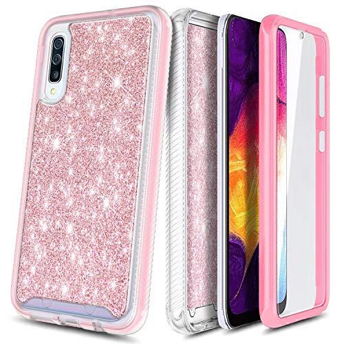 E-Began Case for Samsung Galaxy A50/A50s/A30s, Full-Body Protective Rugged Matte Bumper Cover with Built-in Screen Protector, Shockproof Impact Resist Durable Glitter Shiny Bling Phone Case -Rose Gold