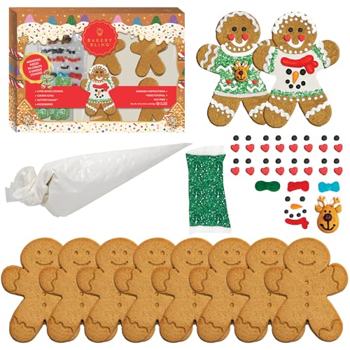 Bakery Bling Gingerbread Person Designer Cookie Kit – 8 Pre-Baked Gingerbread Cookies, Royal Icing, Edible Decorations & Glittery Sugar – Nut-Free, OU Kosher, Made in the USA