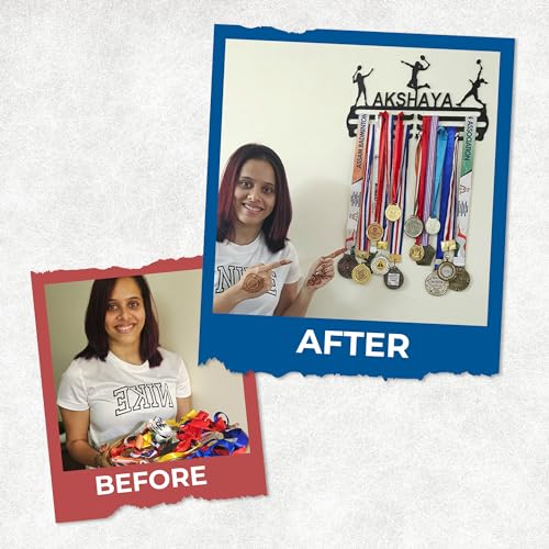Image of GLORY MEDAL HANGERS - Personalized Medal Hangers for Wall - Hang Up to 60 Medals | Metal | Sports Medal Wall Display | Medal Holder | Black Glossy Finish.