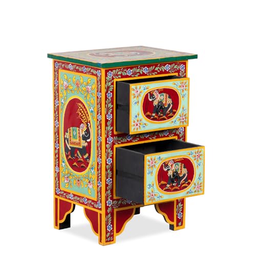 Image of Wooden Bedside Table for Bedroom with Drawer | Solid Wood Handcrafted Bed Side Table with 2 Drawers | Side Table for Living Room | Decorative Chest of Drawer for Home Decor (Multicolour-BS3)