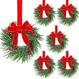 YoleShy 6 Pcs Small Christmas Wreath 12'' Mini Wreaths for Kitchen Cabinet Wreaths with Berry & Red Velvet Bow Ribbon Window Wreaths Christmas Xmas Farmhouse Decoration for Front Door Chair Wall