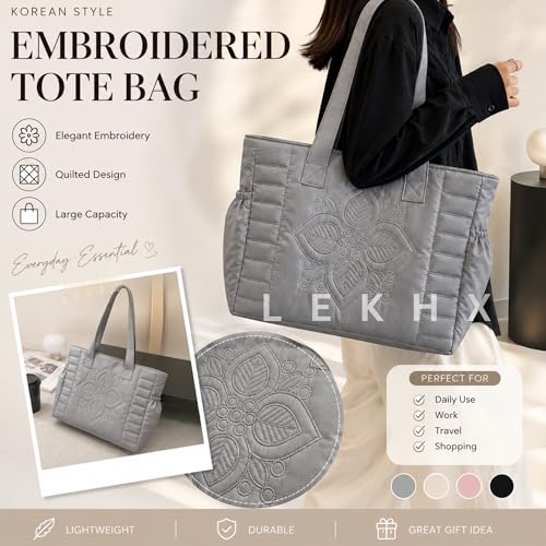 Image of LX LEKHX Tote Bag for Women | Lightweight Shoulder Handbag with 2 Main Zip Compartments & Multiple Pockets | Water Resistant Polyester Fabric | Office, Travel & Daily Use