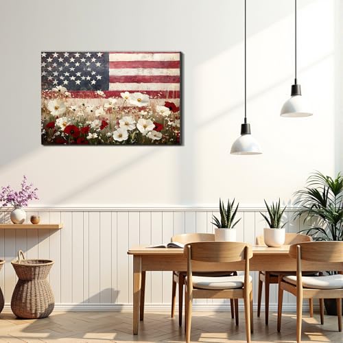 Image of Framed American Flag Mason Jar Wall Art, Patriotic Farmhouse Canvas Art Pictures, USA Rustic Wall Decor, Made in USA Ready to Hang for Kitchen Dining Room