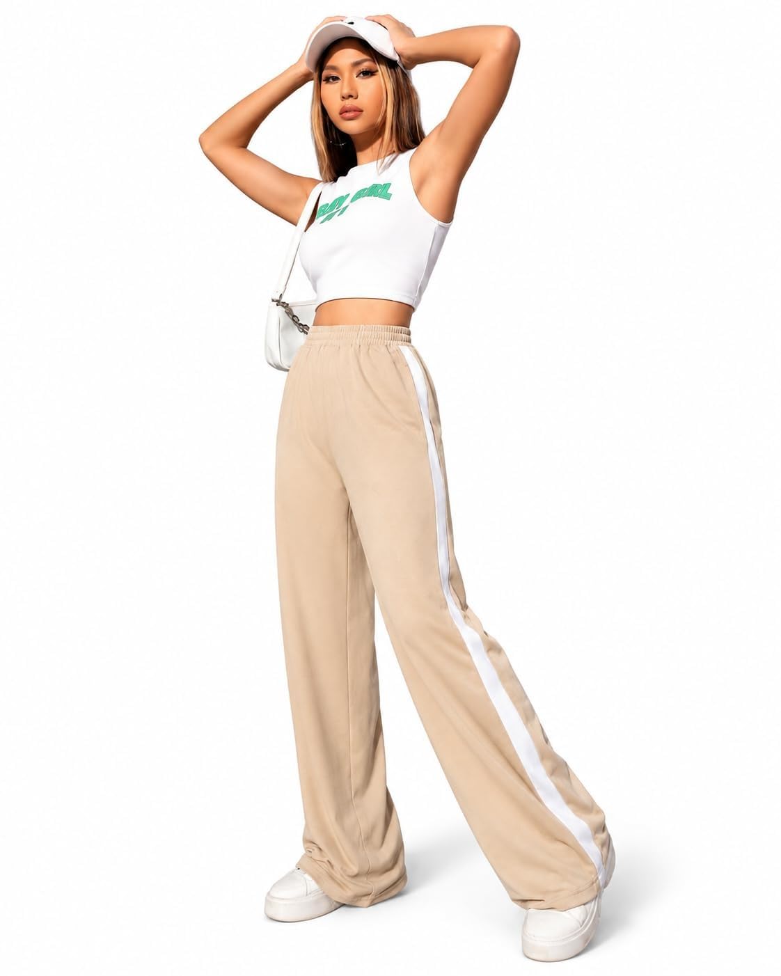 Women's Wide Leg Track Pants, Beige with White Side Stripe, Elastic Waist, Casual Style-picture-34