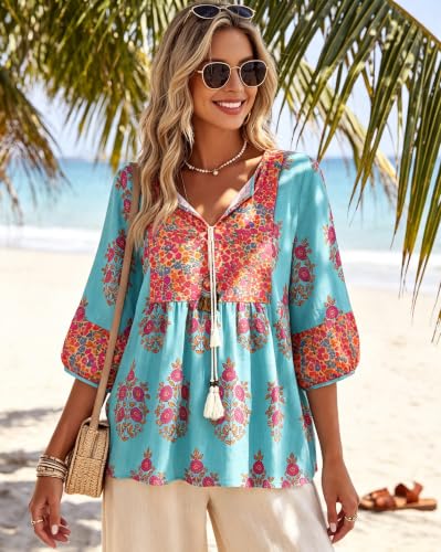 Image of Vivilli Womens Summer Boho Babydoll Tops 3 /4 Sleeve Pleated Peplum Blouses Casual V Neck Tie Front 2026 Tunic Tops