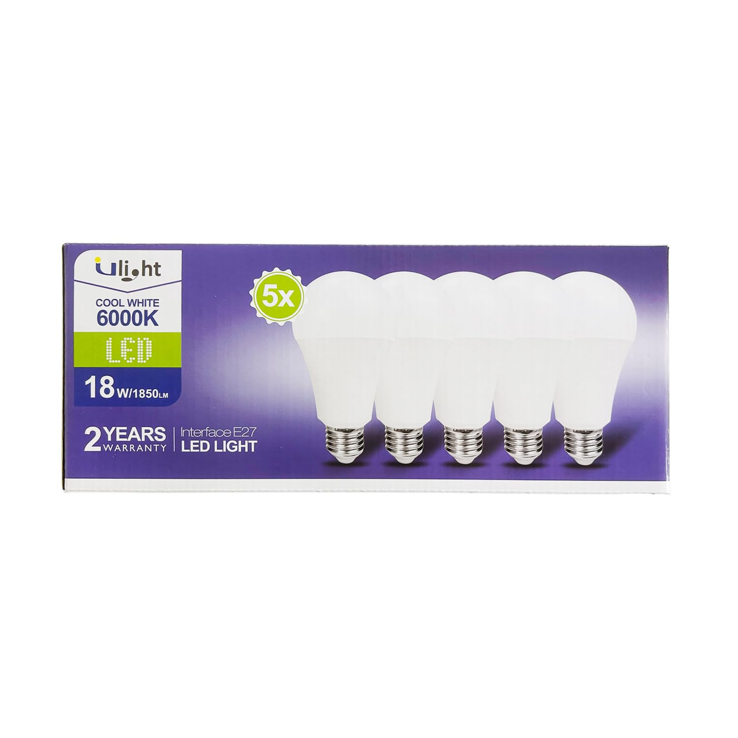 ULIGHT Lampadina LED A70 a Goccia da 18W, Equivalente Incandescente da 150W, Luce Fredda 6000K, 1850lm, Fascio Luce 170°, 220-240V Attacco E27, Confezione da 5