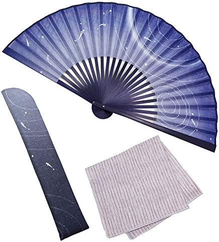[大阪 長生堂] 扇子 メンズ 男性 おしゃれ ビジネス 扇子袋 扇子入れ ハンカチ付セット さざなみ ネイビー