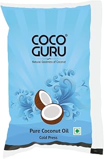 Cocoguru Cold Pressed Coconut Oil - Pouch 1 Litre Edible Coconut Oil For Cooking, Deep Frying, Hair, Skin, Baby Massage & Oil Pulling Pure & Unrefined, Natural, Double Filtered Keto Diet
