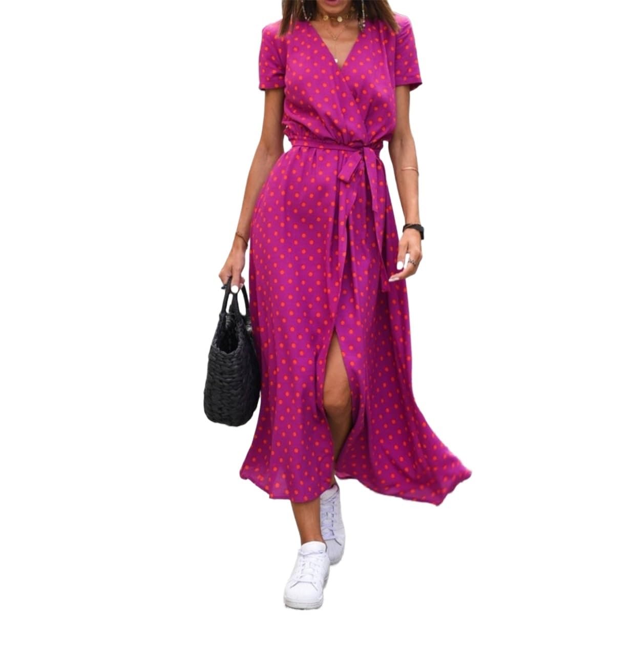 OPITUN Womens Summer Maxi Dress V Neck Casual Party Flowy Long Dress for Ladies Floral Cocktail Midi Polka Dot Wrap Dresses(1,Small)