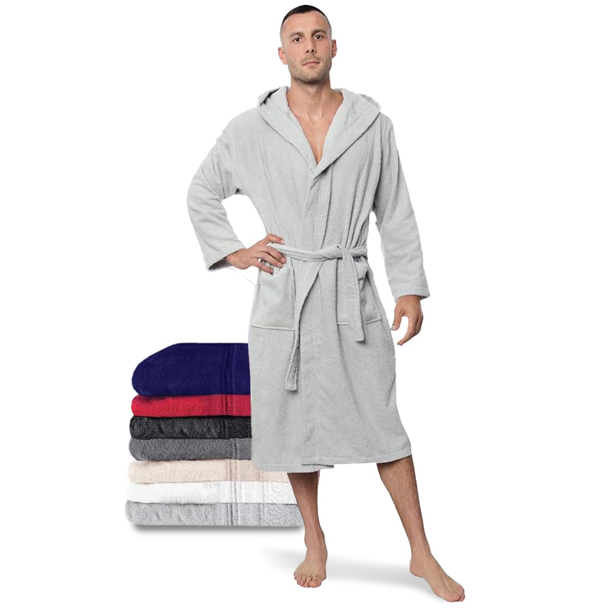 Twinzen Accappatoio per Uomo con Cappuccio in Spugna, 2 Tasche, Cintura Cotone Senza Prodotto Chimico, Oeko Tex - Vestaglia per Uscire dalla Doccia, Assorbente e Confortevole