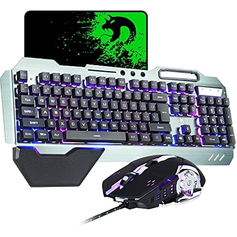 Wired Gaming Keyboard and Mouse Combo Set, Gray Alloy Panel, 16 LED RGB Backlit with Removable Wrist Rest, 26 Keys Anti-Ghosting, Mechanical Feeling 3200DPI LED Breathing Backlit Gaming Mouse- Black Cover