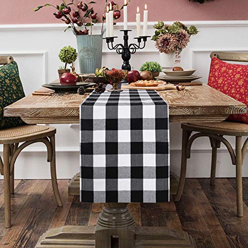 Fowecelt Buffalo Check Table Runner 14 × 84 Inch Cotton Burlap Black White Plaid Reversible Checkered Table Runners for Family Dinners, Christmas Holiday Birthday Party Table Decoration - Thumbnail 4