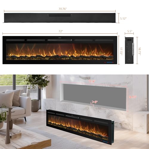 Image of 72 inch Electric Fireplace, Recessed or Wall Mounted, 5.5 inch Deep, 750W /1500W Quartz Heater, WiFi App, Alexa and Google Home, 13 Flame Colors