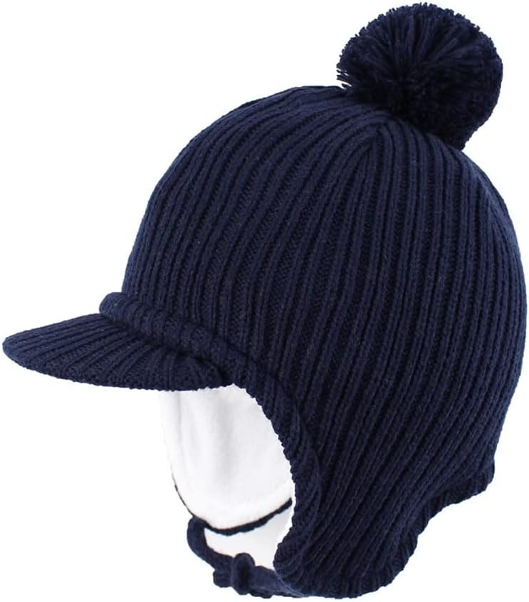 Baby Toddler Infant Kids Autumn and Winter Visor Knitted Hat Fleece Lined Warm Earflap Beanie Cap for Boys Girls