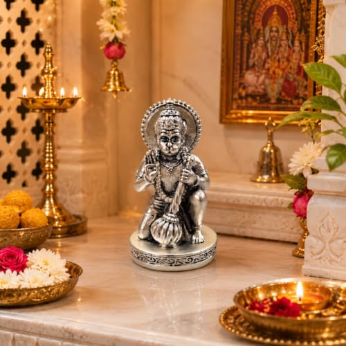 Image of Gold Art India Hanuman Idol 999 Silver Plated | 2.8 Inch Antique Matte Bajrangbali Murti with Velvet Gift Box for Home Temple, Office Desk & Car Dashboard