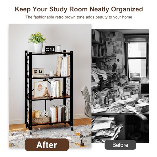 Image of 4 Tier Folding Shelf with Wheels, Wood and Metal Bookshelf