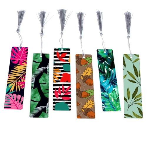 Marque-pages feuilles vertes tropicales avec pompons pour livre et lecture - Lot de 6