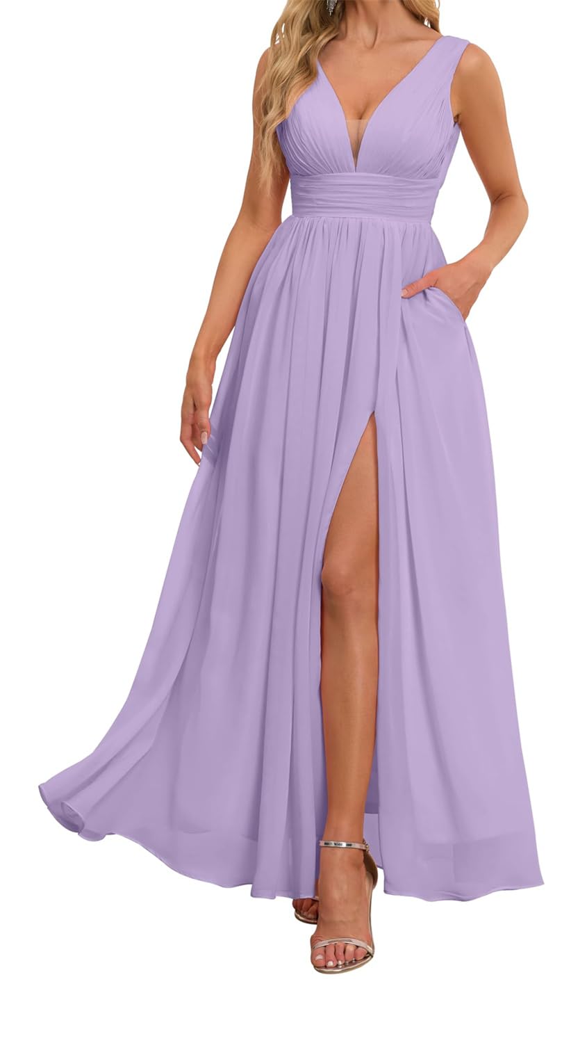 Hppee Women's Lilac Bridesmaid Dresses With Slit For Pleated Chiffon Formal Gown Corset Evening Dress Uk12