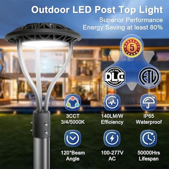 LED Post Top Light with Dusk to Dawn Photocell, 20W-30W-40W-60W Power Tunable, 3000K/4000K/5000K CCT Tunable, Outdoor Post Pole Lights for Garden Pathway Street Lighting, IP65 DLC ETL Listed