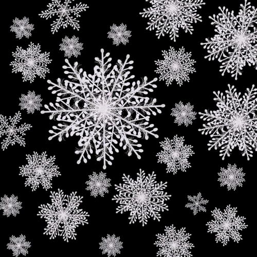 White Snowflakes Ornaments Plastic Snowflake Decoration Large Christmas Hanging Glitter Snowflke for Christmas Tree Crafts Outdoor Decor, 4 Sizes