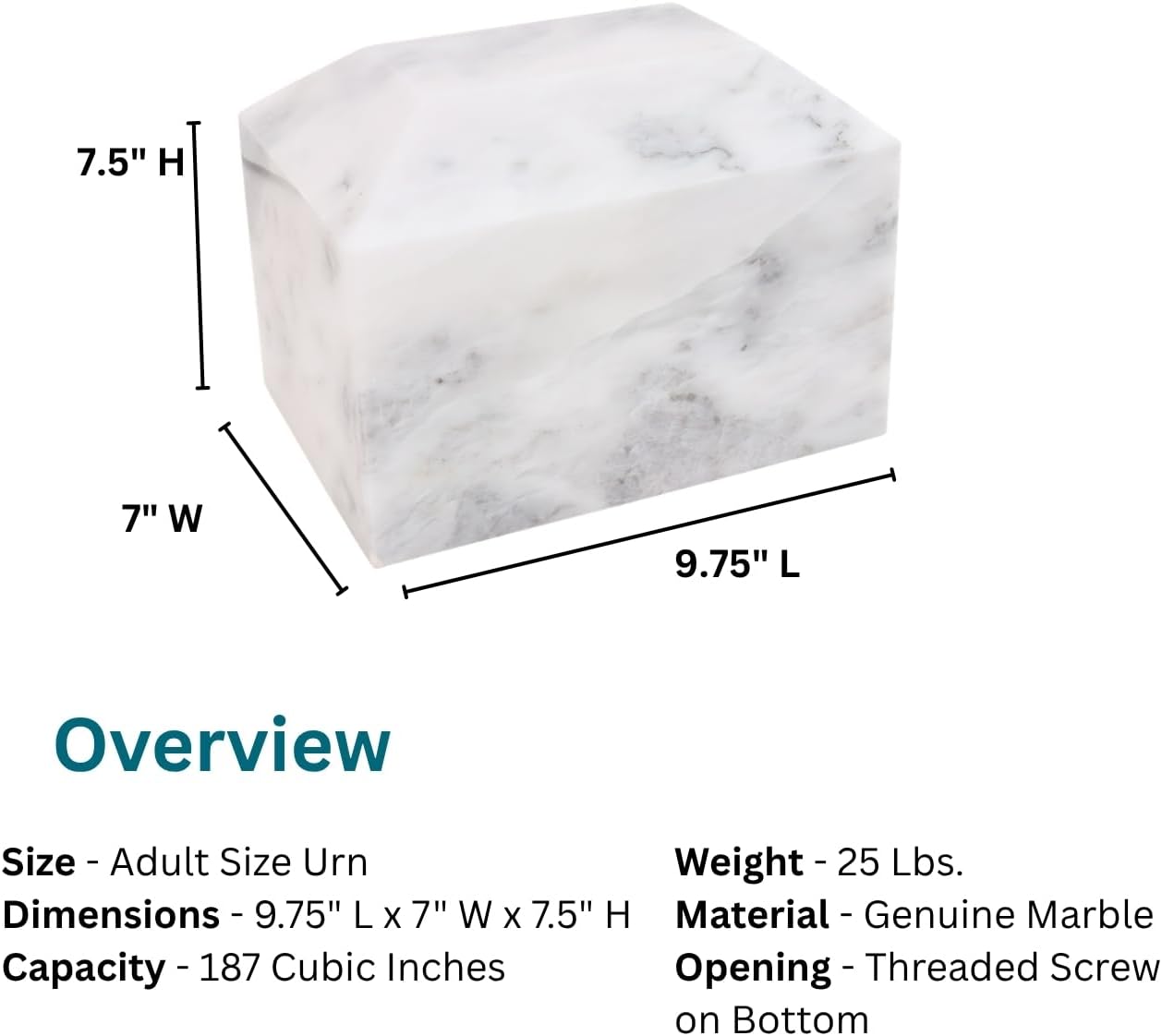 Alpha Ingot Soft White Genuine Marble Urn, Adult Cremation Urn for Ashes, White Stone Urn for Burial