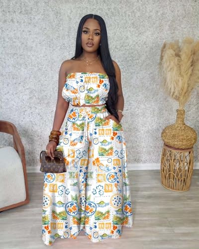 Image of Two Piece Sets for Women Summer Outfits Crop Tops and Wide Leg Pants Sets Sexy Jumpsuits Vacation Outfits with Pockets