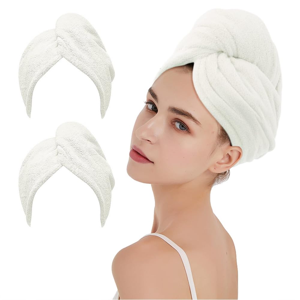 Microfiber Hair Towel with Button, Ultra Absorbent Twist Hair Turban Drying Cap, 2 Pack
