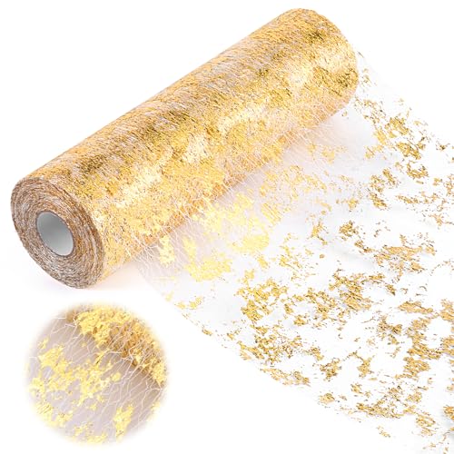 11 Inch x 98 Feet Glitter Metallic Gold Table Runner Glitter Metallic Foil Thin Mesh Table Runner for Wedding Bridal Shower, Baby Shower, Christmas, Birthday Party, Gold